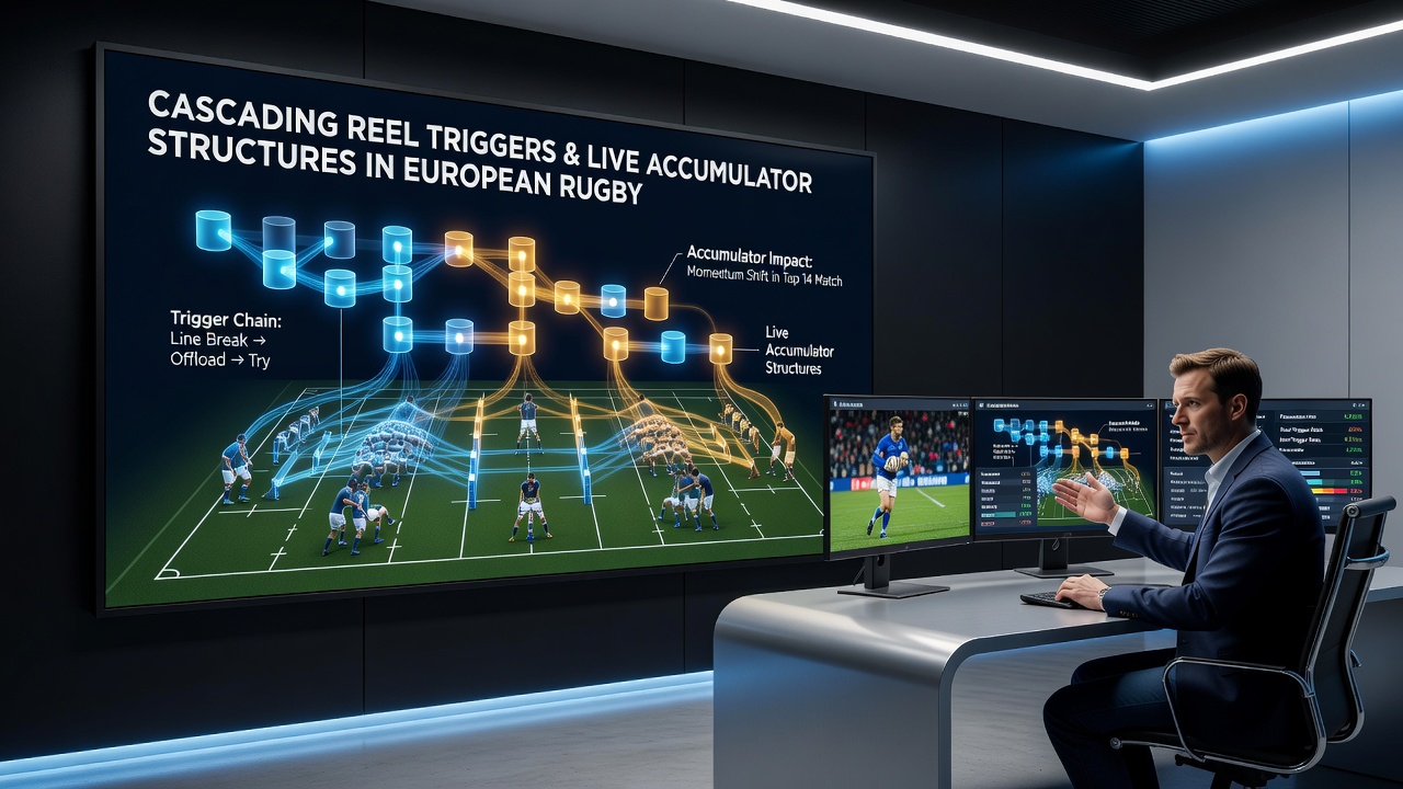 Live accumulator interface displaying reel-triggered updates during a European rugby match