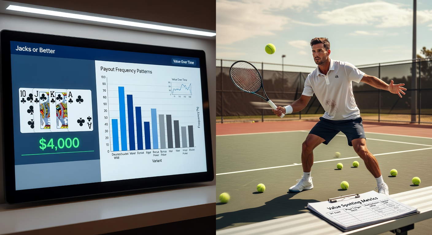 Split-screen graphic comparing video poker hand outcome distribution charts with tennis player set win probability heat maps
