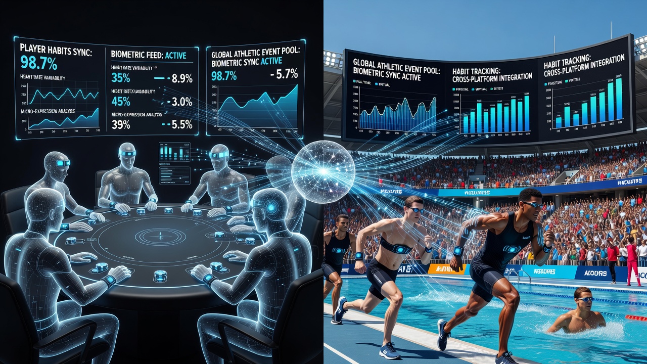 Biometric sensors integrated into virtual gaming interfaces showing real-time player data synchronization