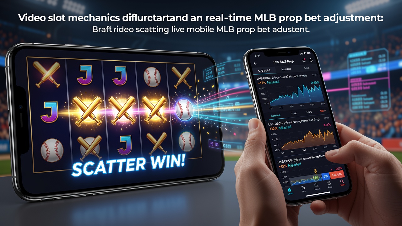 Mobile screen displaying video slot reels with aligned scatter symbols next to a live MLB prop bet interface