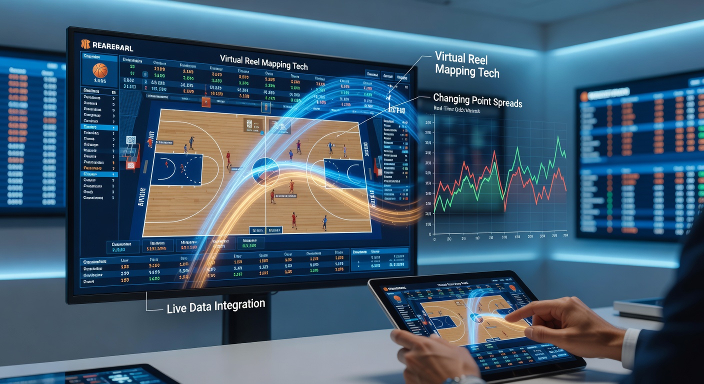Data visualization showing mapped statistical grids applied to real-time college basketball point spread changes