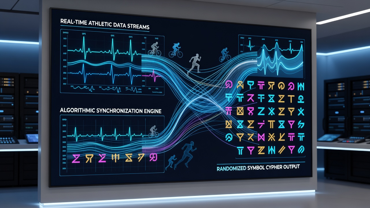 Cross-border platform architecture showing athletic data pipelines linked to randomized symbol processing modules
