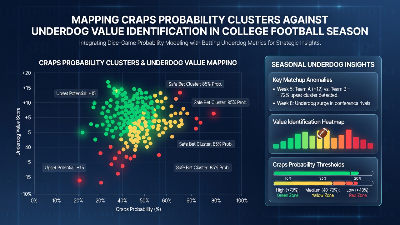 Statistical overlay comparing craps roll clusters with college football underdog futures pricing models