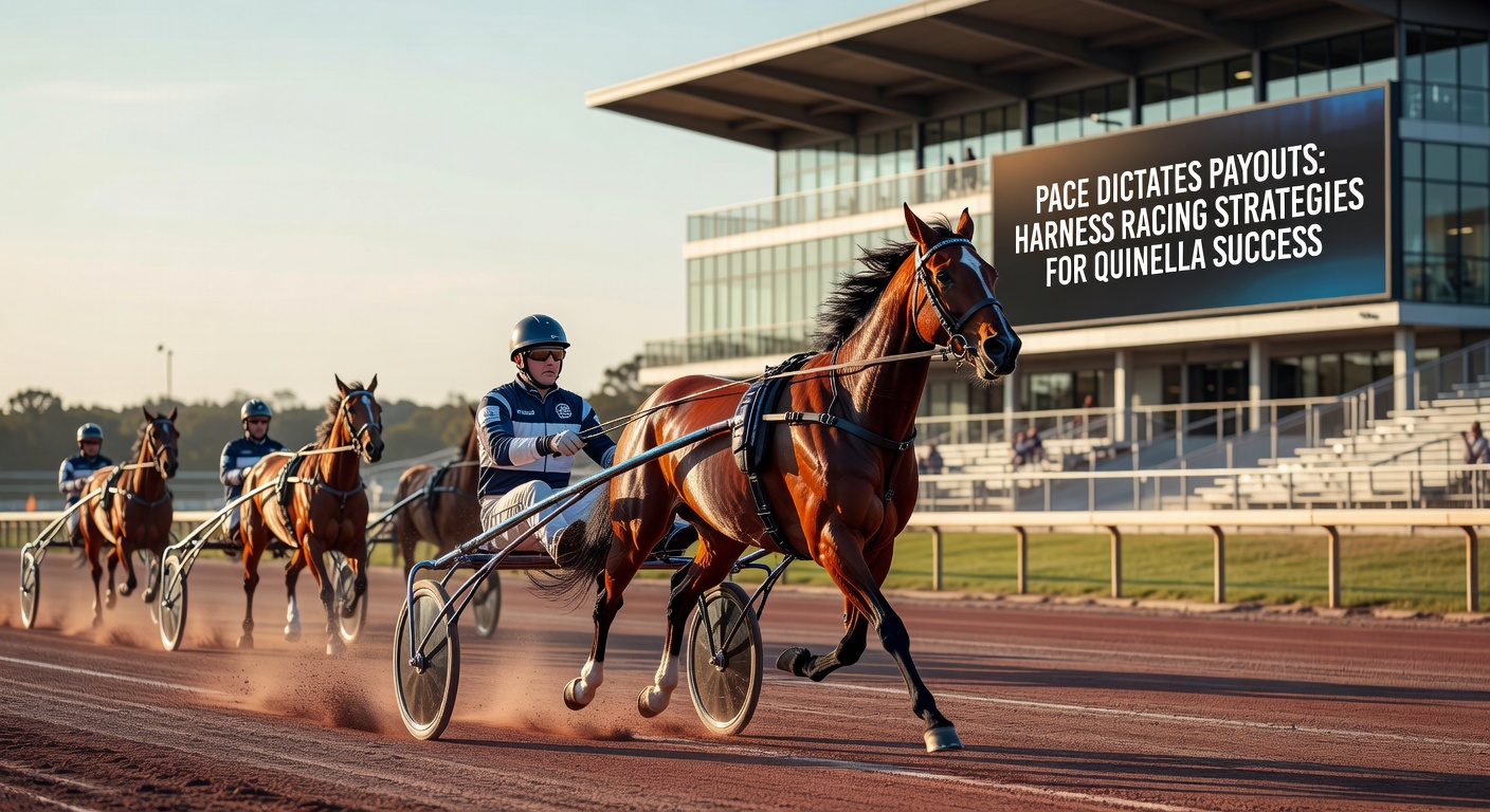 Harness racing trotters battling for early lead at a tight turn, illustrating intense pace control in a quinella-contending field