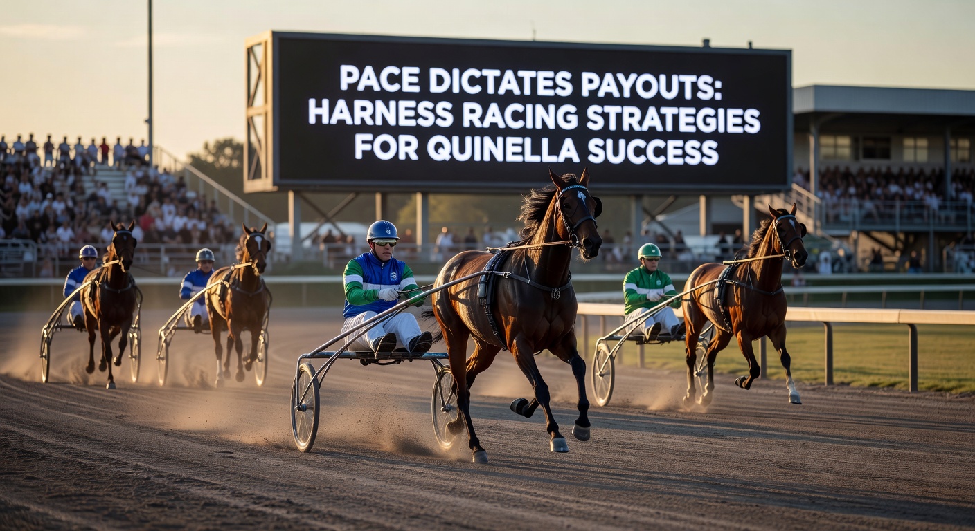 Close-up of sulky drivers urging horses into a furious pace battle down the stretch, highlighting quinella thriller finishes