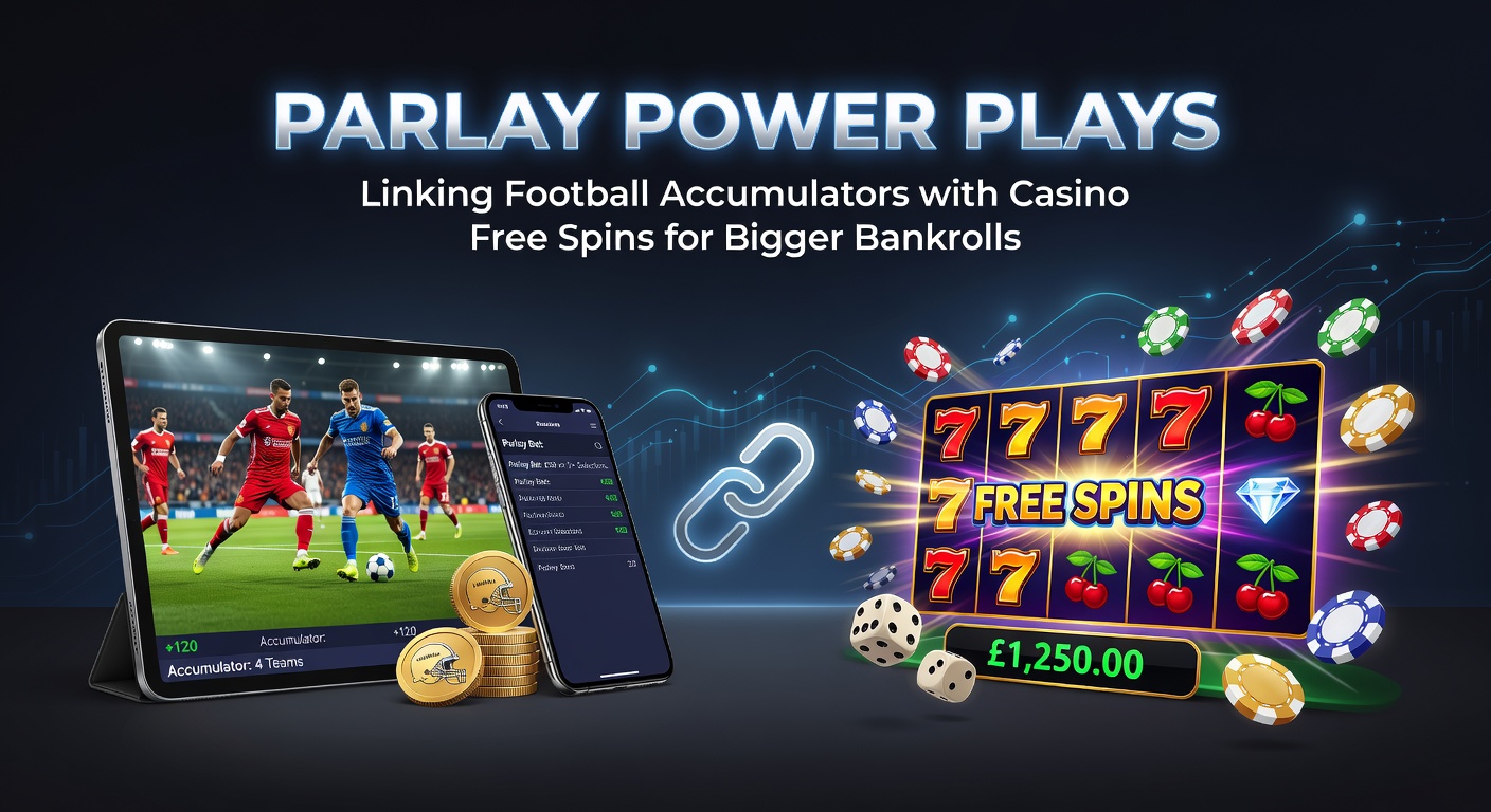 Dynamic graphic showing a football pitch morphing into casino slot symbols, with parlay odds escalating alongside free spin counters