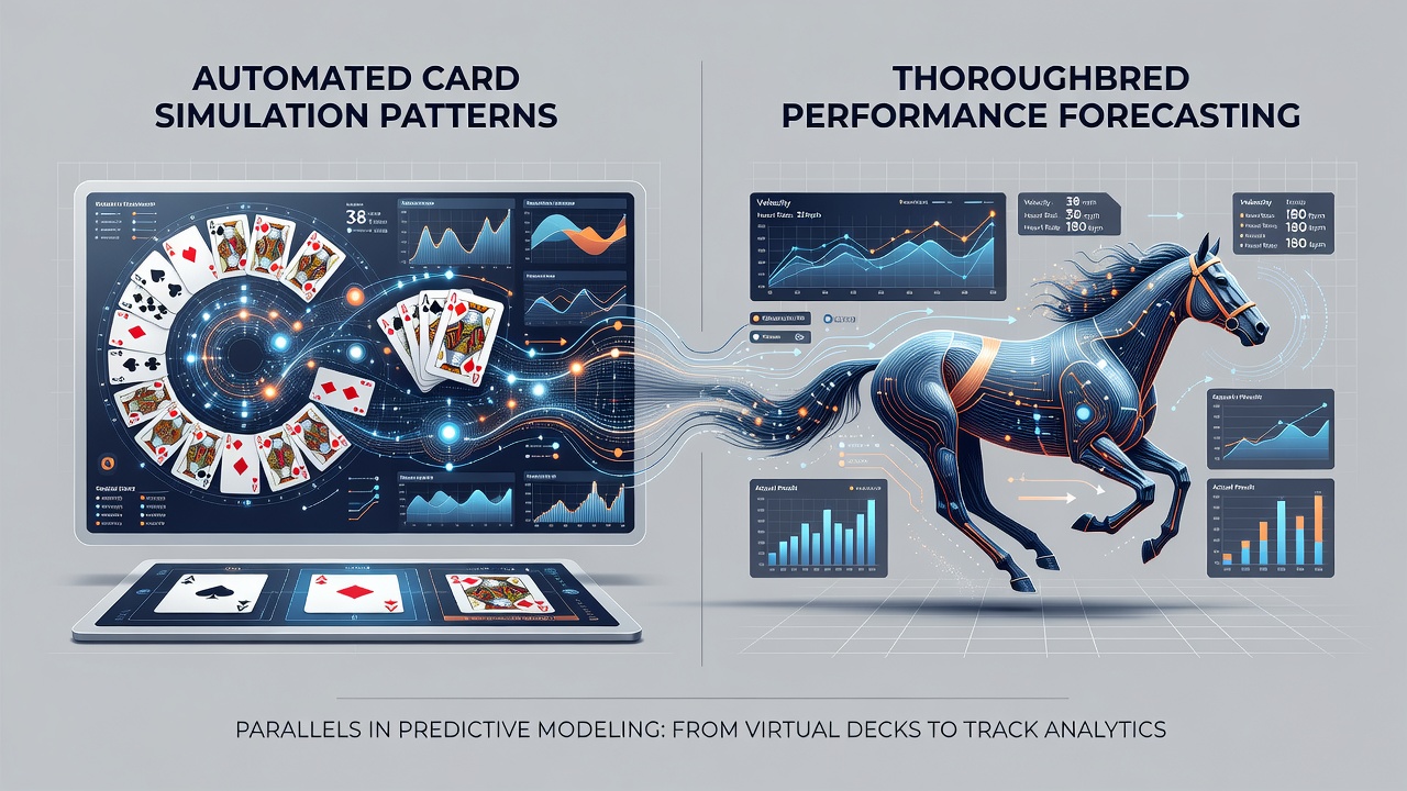 Thoroughbred race data visualization synced with card simulation metrics on a shared mobile interface
