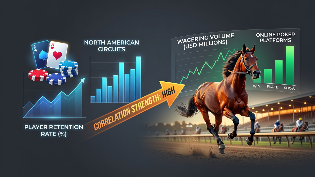 Data visualization showing player retention trends in online poker alongside thoroughbred racing wagering volumes across North American tracks