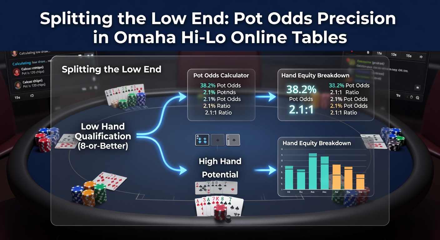 Online Omaha Hi-Lo poker table displaying pot odds calculations for a low-end split opportunity, with chips stacked high and player HUDs active