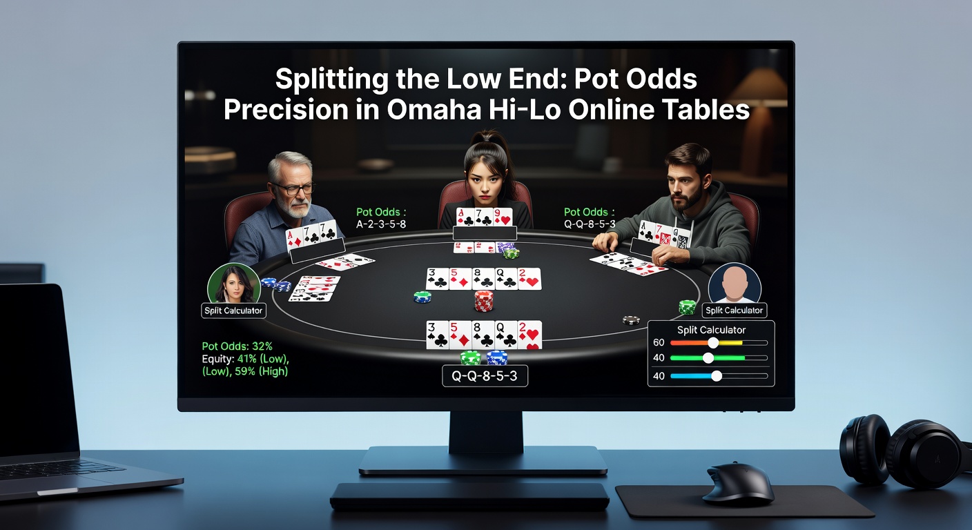 Close-up of a digital Omaha Hi-Lo hand analyzer displaying precise pot odds for low split potential, with equity graphs and range visualizations