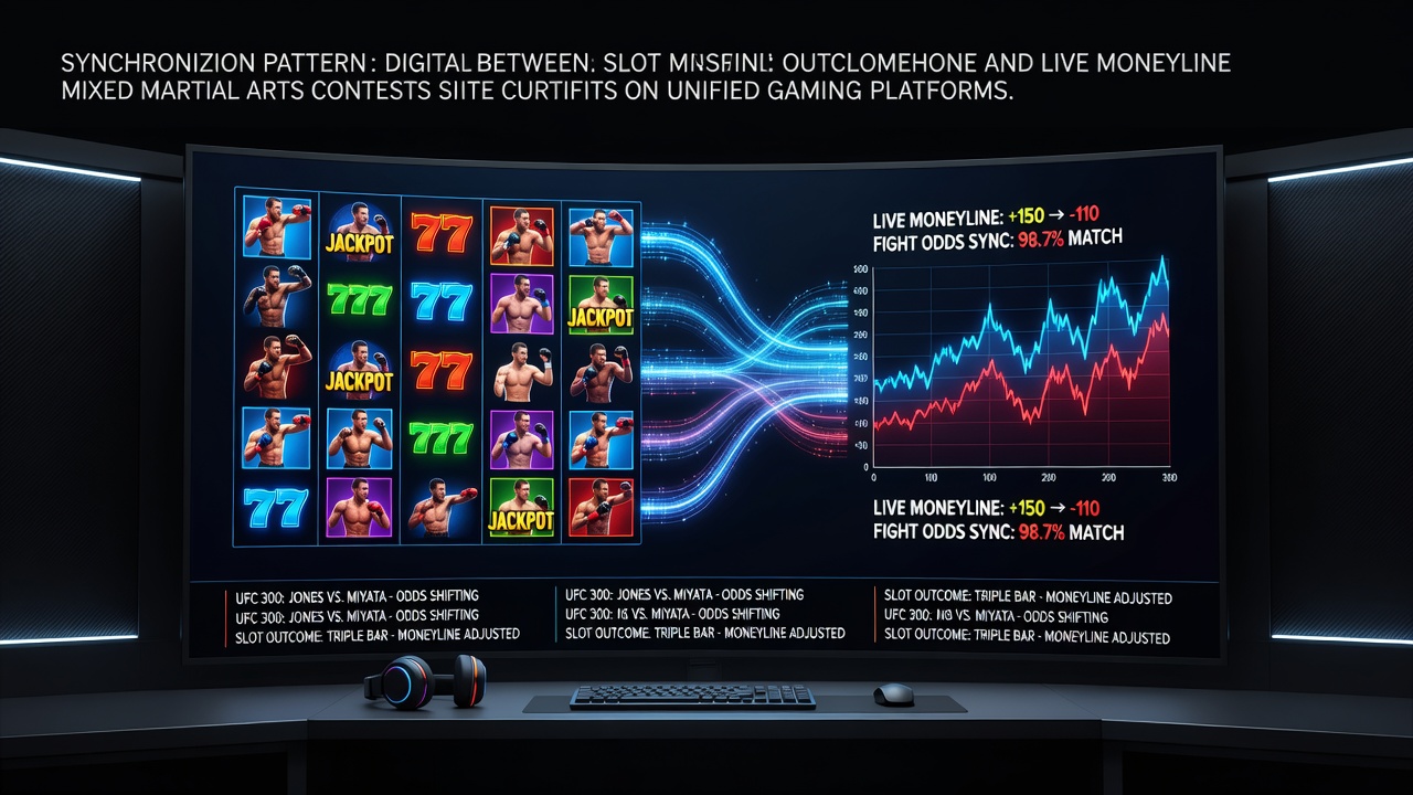 Unified gaming platform interface showing slot reels alongside live MMA moneyline odds during a major event
