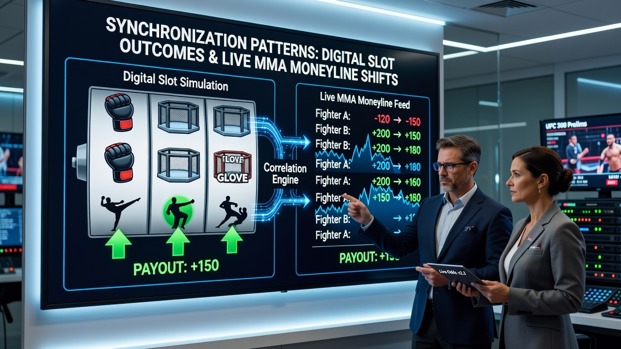 Data visualization dashboard displaying synchronized timelines of slot payouts and MMA moneyline fluctuations