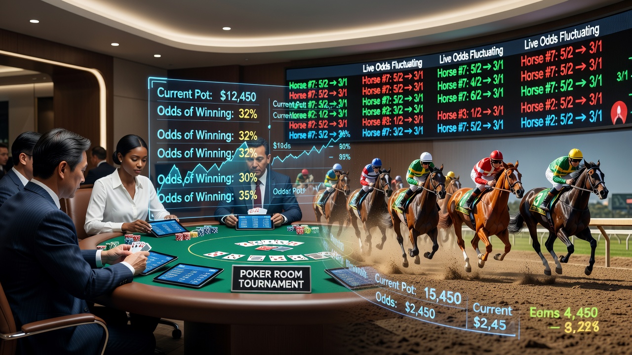 Poker tournament setting with players reviewing horse racing data on screens